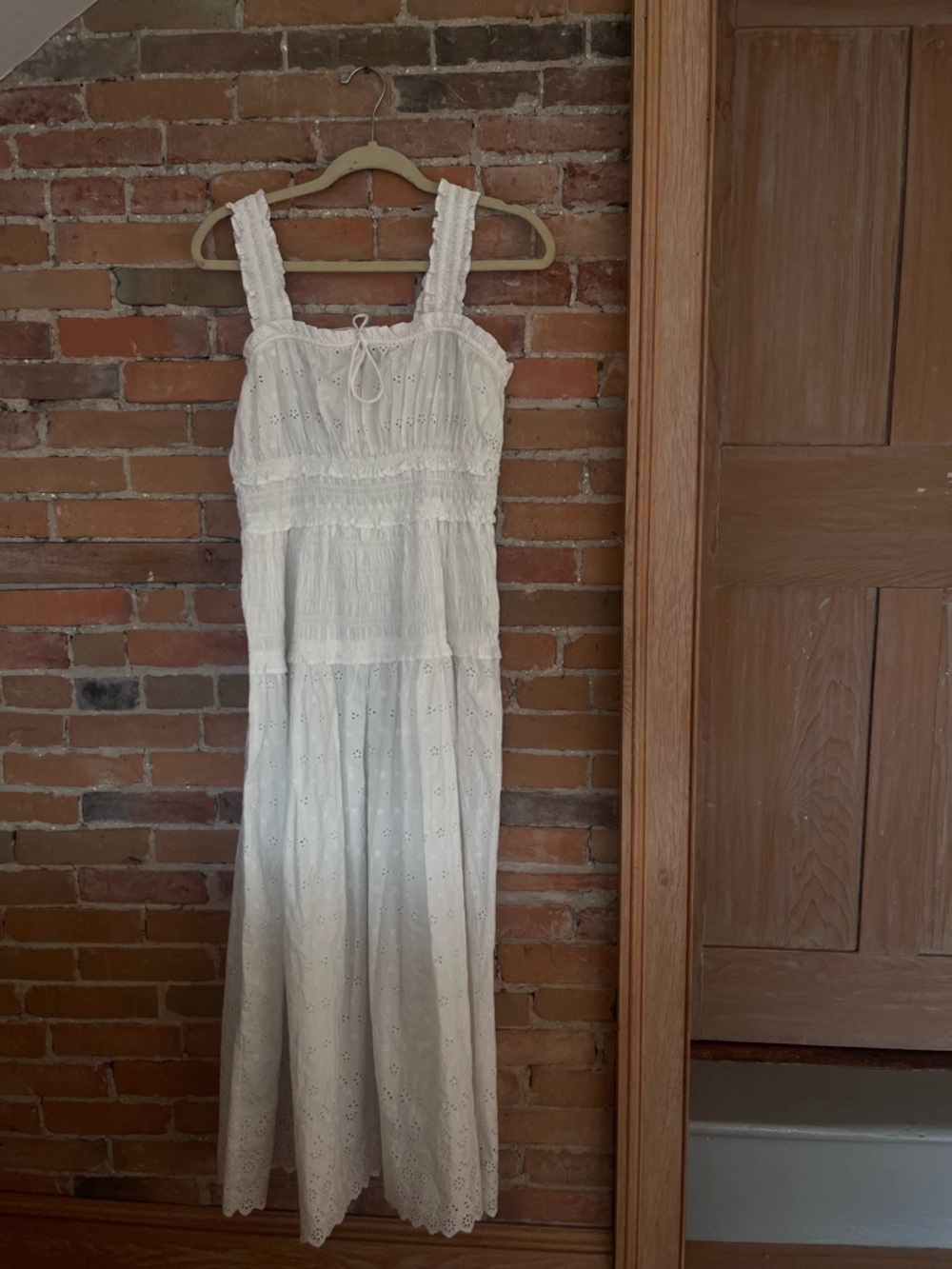White Eyelet Maxi Dress with Smocked Waist and Wide Straps